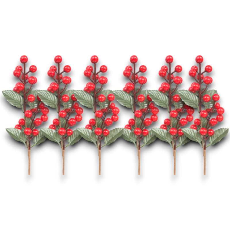 Set 6 Rametti in Pvc - Decorazione Bacche Rosse e Foglie - 35 cm - AP-