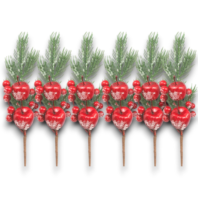 Set 6 Rametti in Pvc - Decorazione Bacche Rosse e Mele Zuccherate - 35