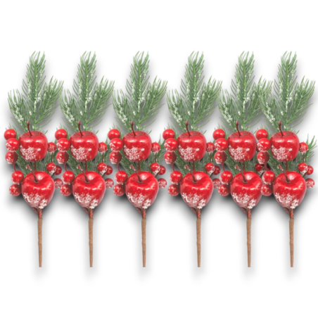 Set 6 Rametti in Pvc - Decorazione Bacche Rosse e Mele Zuccherate - 35