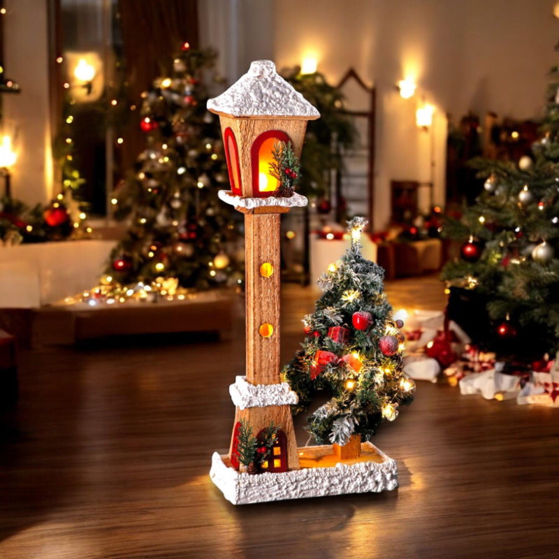 Lampione Natalizio in Legno con Albero di Natale h. 60 cm, Bianco inne