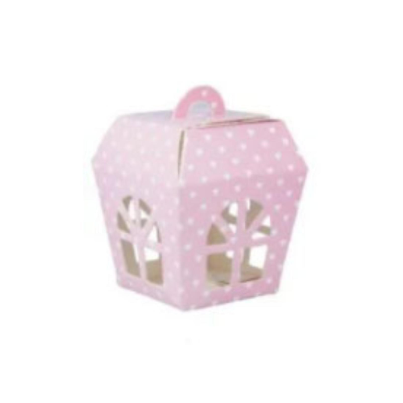 10 Scatole in Cartone Rosa con Pois Bianchi Lanterna con Finestra 5x5x