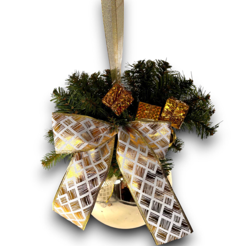Palla Gigante Decorata con Rami, Fiocco, Palline - 20 Cm - Oro - FL-90