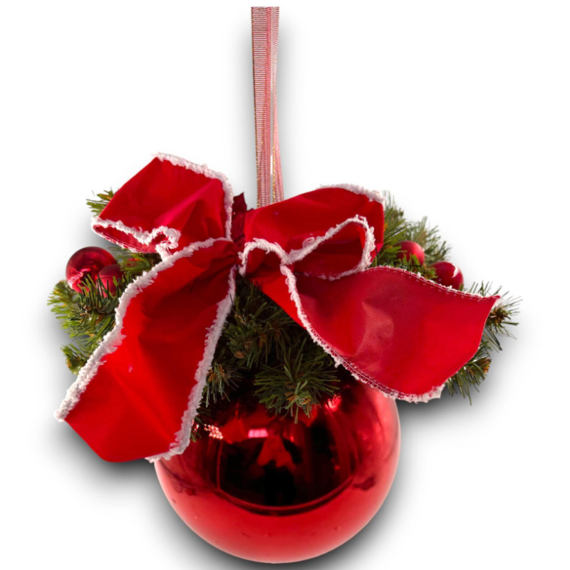 Palla Gigante Decorata con Rami, Fiocco, Palline - 20 Cm - Rossa - FL-