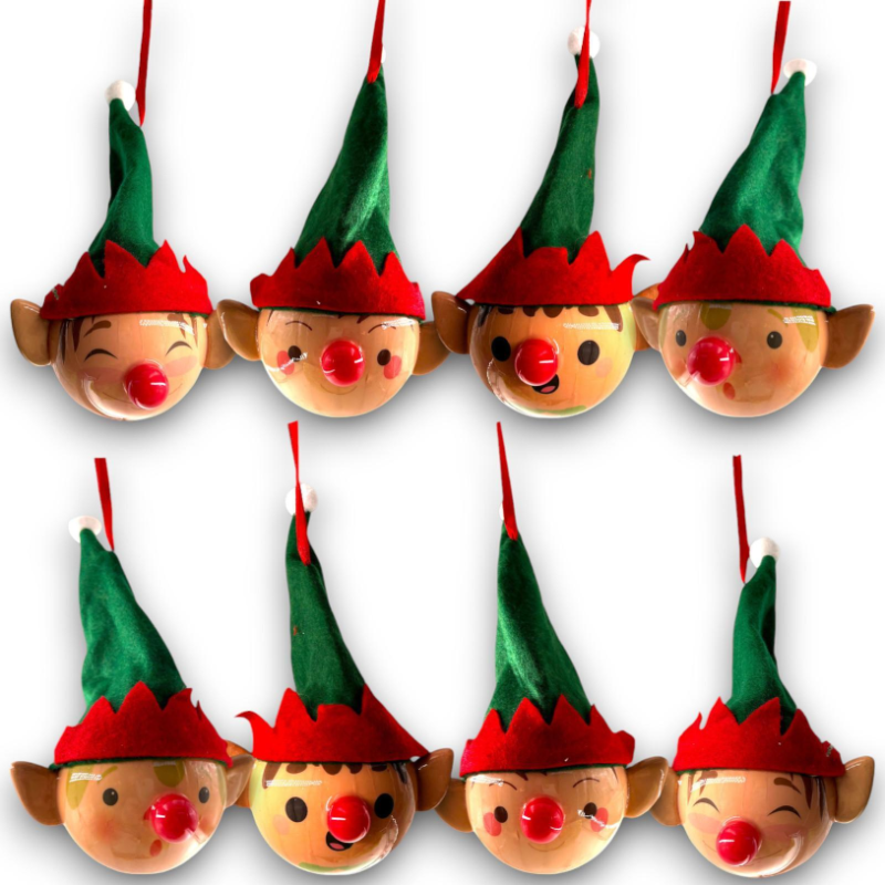 8 Palline con Cappello e Orecchie -Elfo - 8 Cm