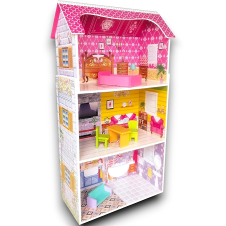 Casa delle Bambole in Legno Bianco e Rosa h. 96cm con 3 piani e 5 stan