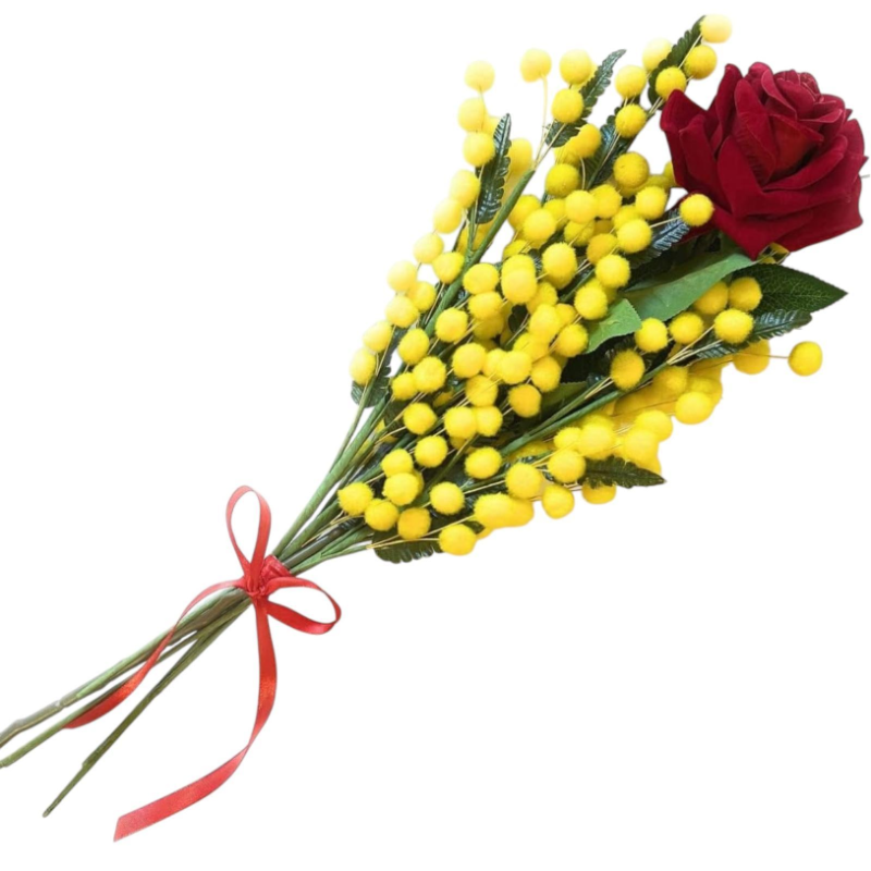 Bouquet Rosa Rossa con Mimosa Gialla 42 cm