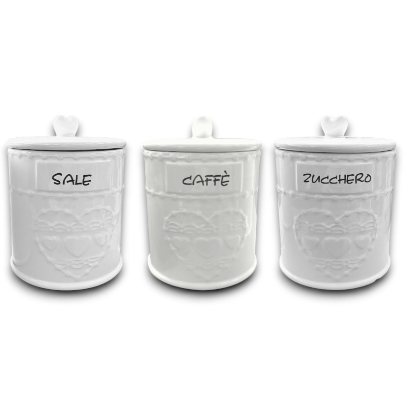 Set 3 Barattoli in Ceramica Bianca - Zucchero,Sale, Caffè - 12,5x12,5x