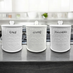 Set 3 Barattoli in Ceramica Bianca - Zucchero,Sale, Caffè - 12,5x12,5x