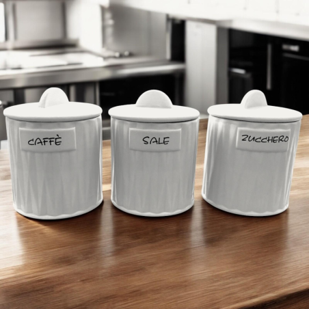Set 3 Barattoli in Coccio - Bianco - Zucchero,Sale, Caffè - 12,5x12,5x