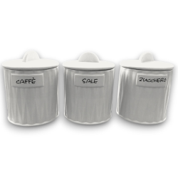 Set 3 Barattoli in Coccio - Bianco - Zucchero,Sale, Caffè - 12,5x12,5x
