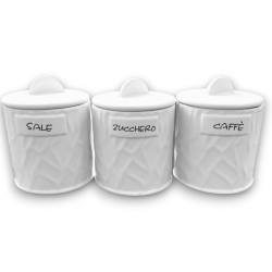 Set 3 Barattoli in Coccio - Bianco - Zucchero,Sale, Caffè - 12,5x12,5x