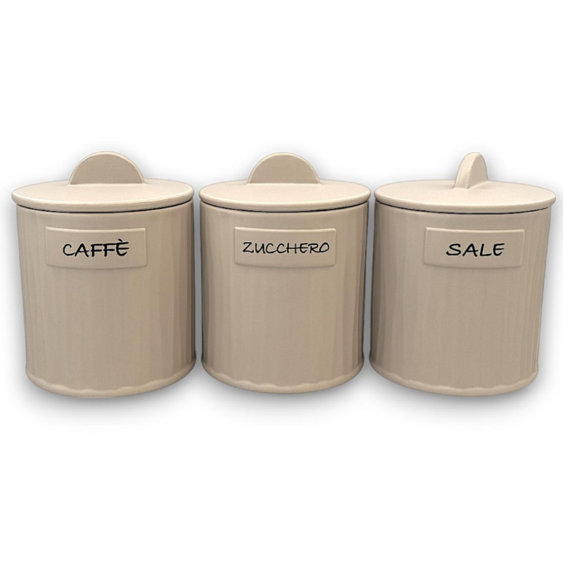 Set 3 Barattoli in Coccio - Tortora - Zucchero,Sale, Caffè - 12,5x12,5