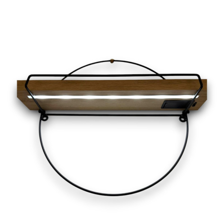 Mensola Tonda in metallo e Piano in Legno con Luce Led - 35x11x40 cm