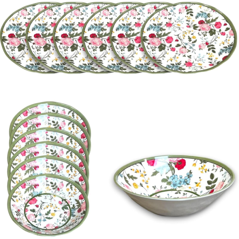 Star - Set di 13 Stoviglie in Melamina Flowers - 6 Piatti Piani, 6 Fon