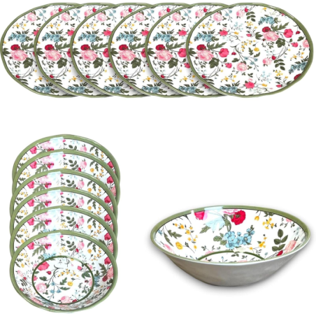 Star - Set di 13 Stoviglie in Melamina Flowers - 6 Piatti Piani, 6 Fon