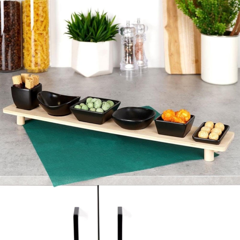 Set di 6 Ciotole in Porcellana con Vassoio in Bamboo - 50x8.5 cm