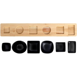 Set di 6 Ciotole in Porcellana con Vassoio in Bamboo - 50x8.5 cm