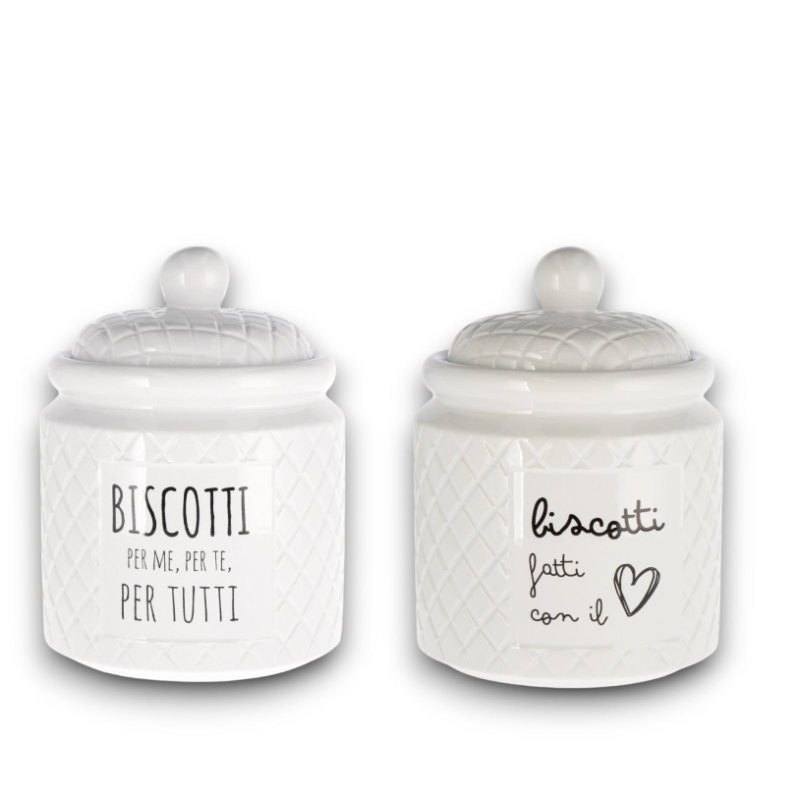Barattolo Per Biscotti in Ceramica Bianca - Decoro Assortito - 15x20 c
