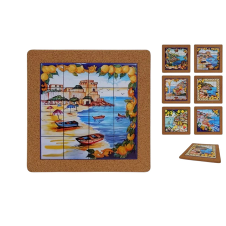 Set 12 Sottopentola Quadrati in Sughero con Decorazione Paesaggi in Ce