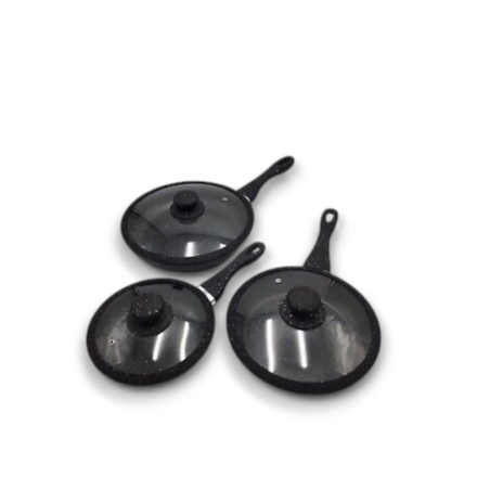 Set 6 Padelle - Pietra Lavica Antiaderente -  Nere -  Coperchio di Vet