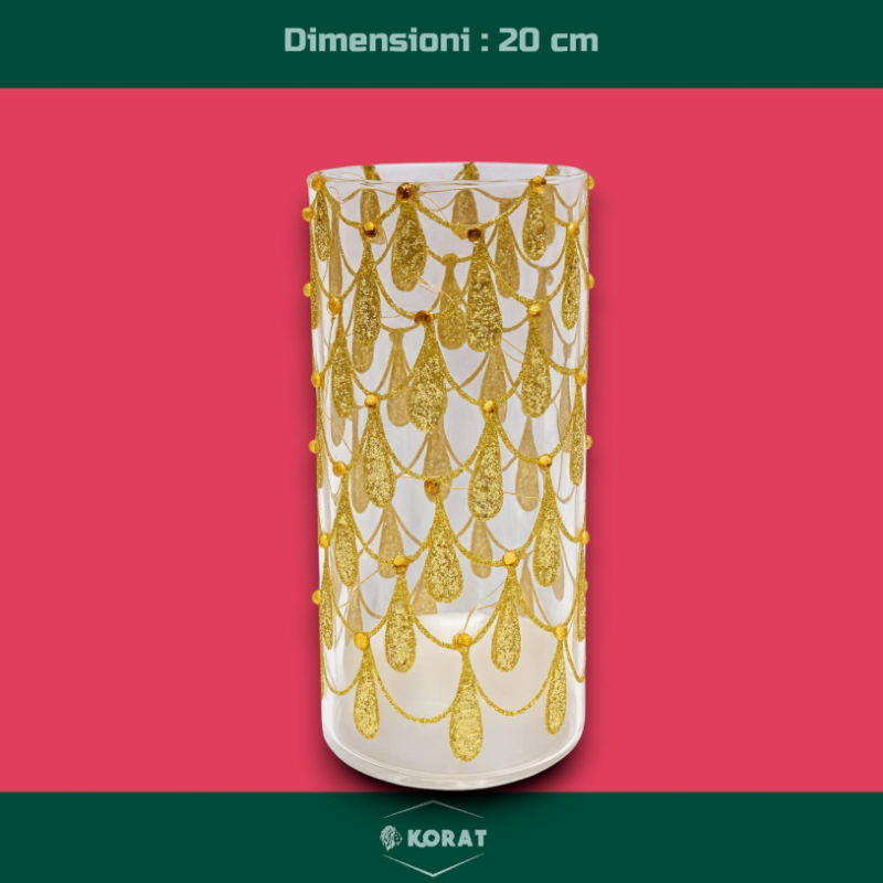 Vaso in Vetro con Decorazioni Oro con Luci - 20 cm