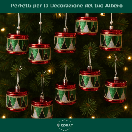 Set di 12 Appendino Tamburello in Plastica - Glitterati - Rosso e Verd