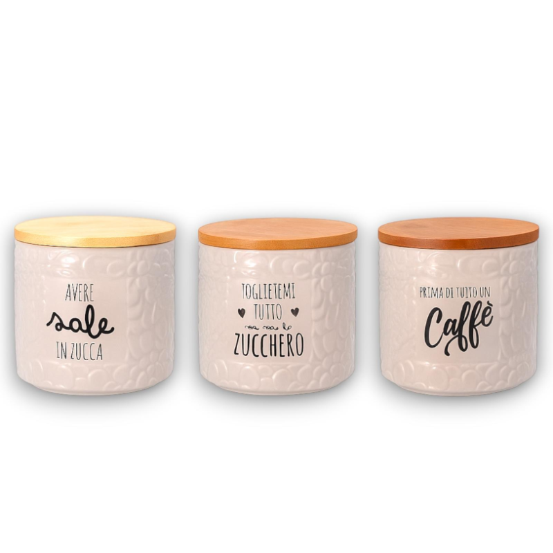 Star - Tris di Barattoli in Ceramica con Coperchio in Legno - Sale, Zu