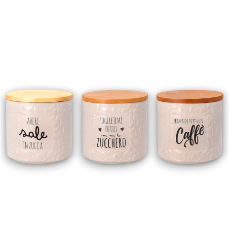 Star - Tris di Barattoli in Ceramica con Coperchio in Legno - Sale, Zu