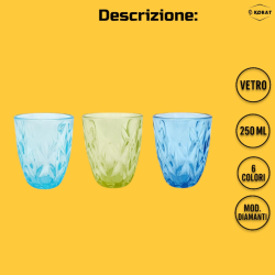 Set di 6 Bicchieri in Vetro Colorati - Fantasia Diamante - 250 ML