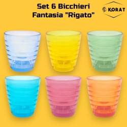 Set 6 Bicchieri - Fantasia Rigata - 250 ml - Colori Misti