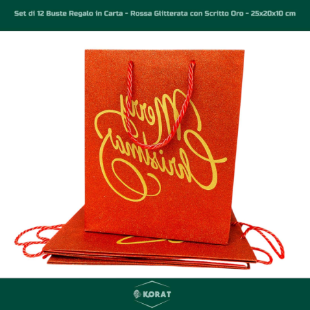 Set di 12 Buste Regalo in Carta - Rossa Glitterata con Scritto Oro - 2