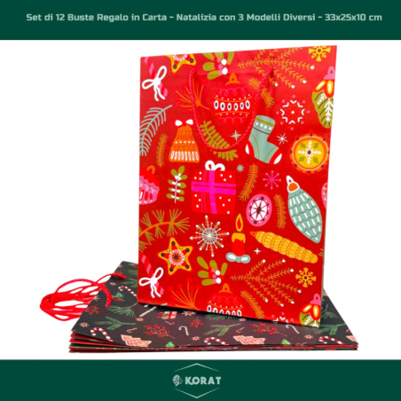Set di 12 Buste Regalo in Carta - Natalizia con 3 Modelli Diversi - 33