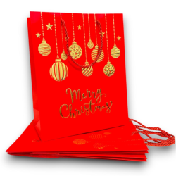 12 Buste Regalo in Carta - Rossa con Palline Rosso/Oro - 26x32x12 cm