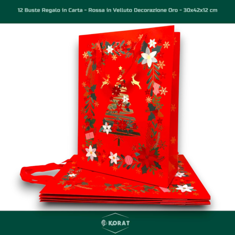 12 Buste Regalo in Carta - Rossa in Velluto Decorazione Oro - 30x42x12
