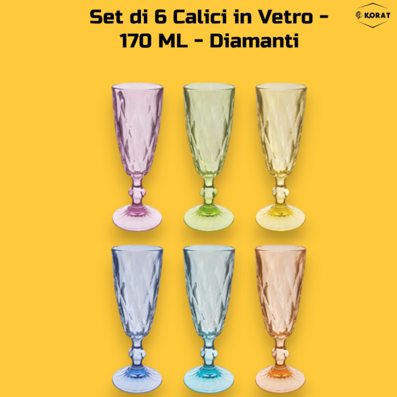 Set di 6 Calici in Vetro Colorati - Fantasia Diamante- 170 ML