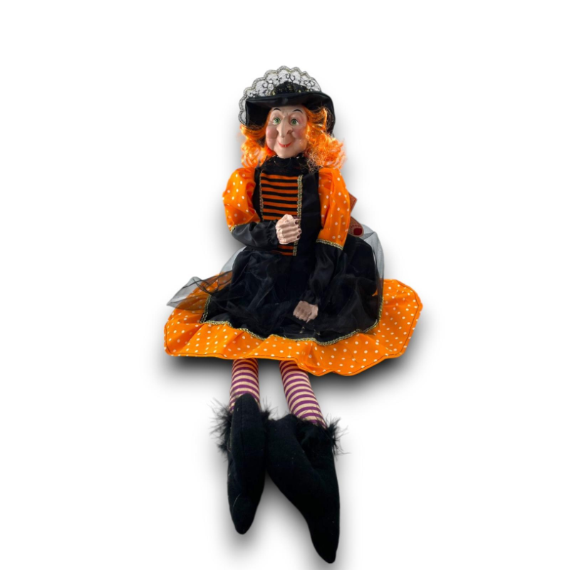 Bambola Pupazzo Befana 60cm seduta con Vestito a pois, Mantello e Scop