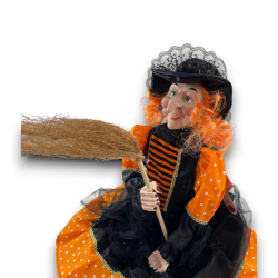 Bambola Pupazzo Befana 60cm seduta con Vestito a pois, Mantello e Scop