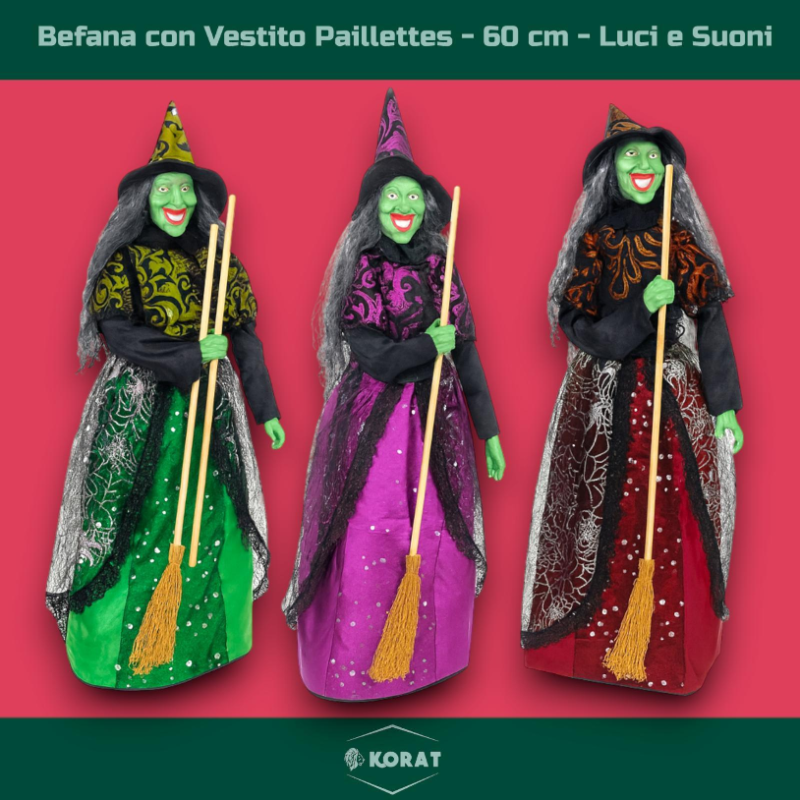 Befana in Resina - Vestito Paillettes - 40 cm - Con Luci e Suoni