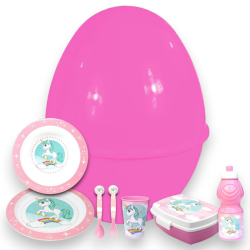 Uovo Sorpresa Pasqua Unicorno Bambini con Set Pappa 7 Pezzi in Melamin