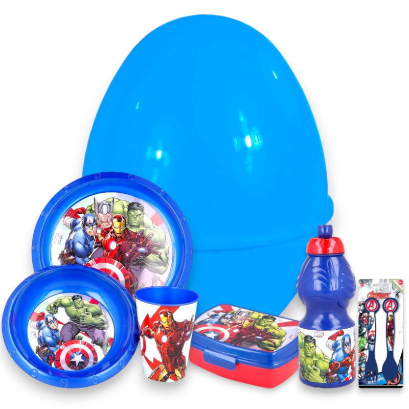 Uovo Sorpresa Pasqua Avengers Bambini con Set Pappa 7 Pezzi in Melamin