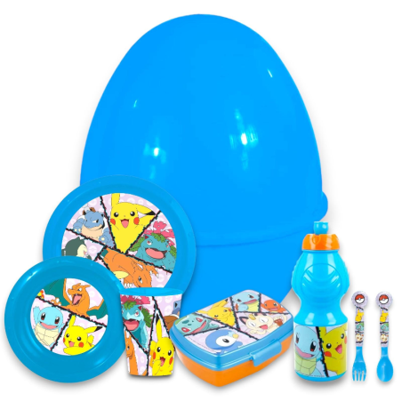 Uovo Sorpresa Pasqua Pokémon Bambini con Set Pappa 7 Pezzi in Melamina
