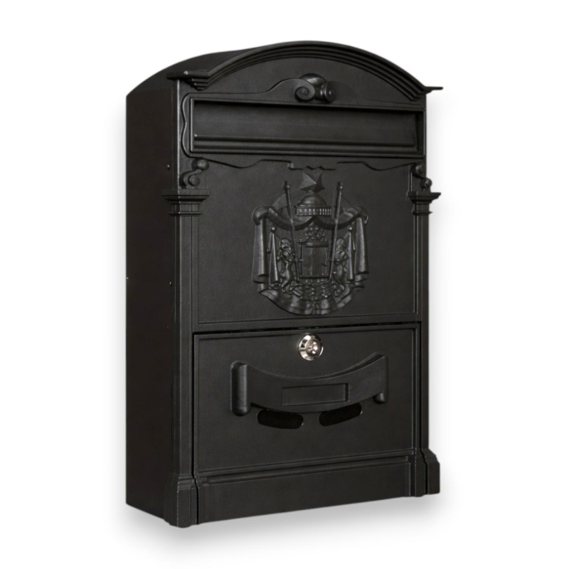 Cassetta Postale con Decoro in Metallo - Nero - 25,5x8,5x41 cm
