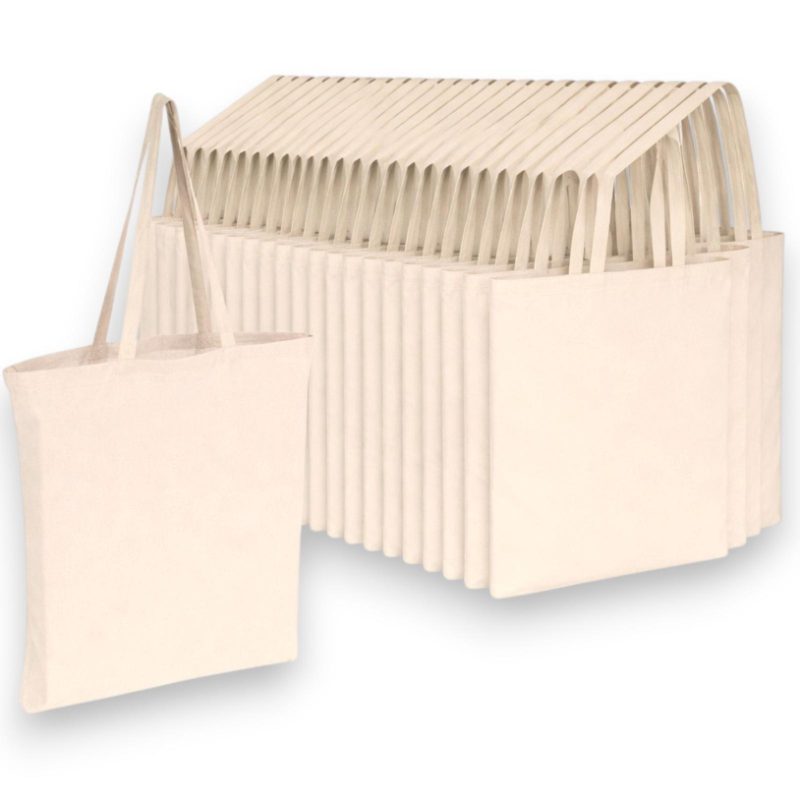 50 Borse in Cotone Naturale 38x42 cm con Manici a Tracolla