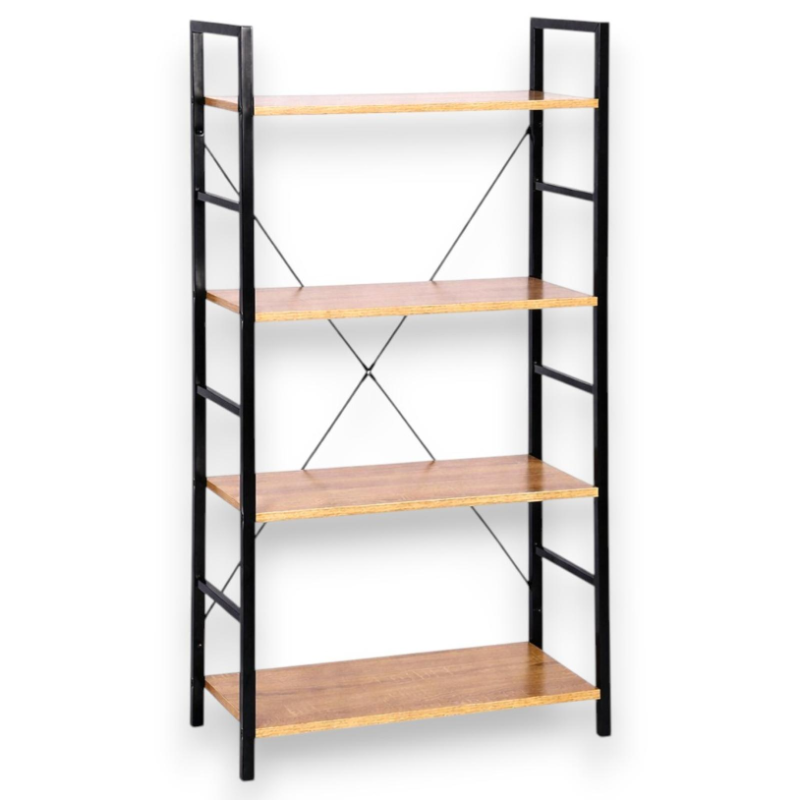 Scaffale Industriale 4 Ripiani in Metallo Nero e MDF Effetto Legno – C