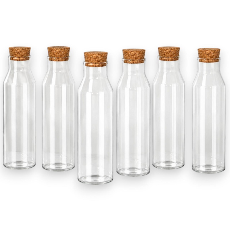 6 Bottiglie Vetro - Tappo in Sughero - 1 Lt - 8,5x8,5x27 Cm
