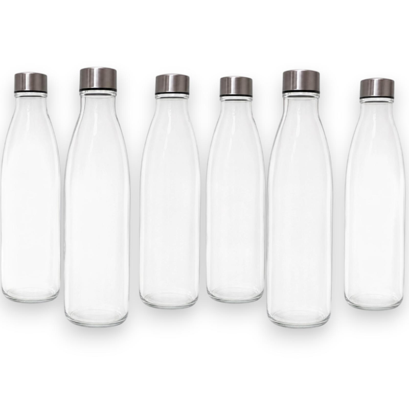 Set di 6 Bottiglie in Vetro - 1 Litro - Tappo in Acciaio - 31x8x8 cm