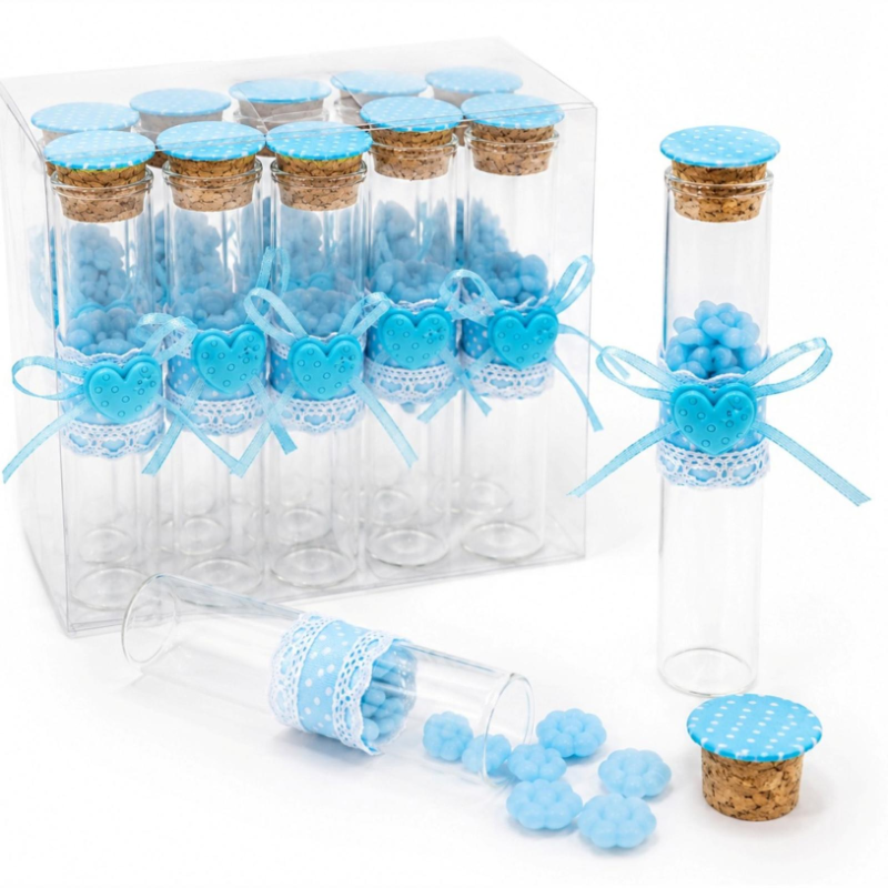 Set 12 Provette in Vetro con Tappo in Sughero e Tulle - 2,5x12,5 Cm - 