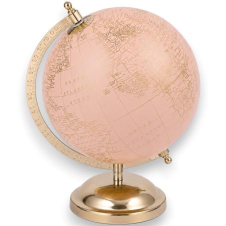 Mappamondo Rosa con Base Oro in Metallo - 18x21x24 Cm