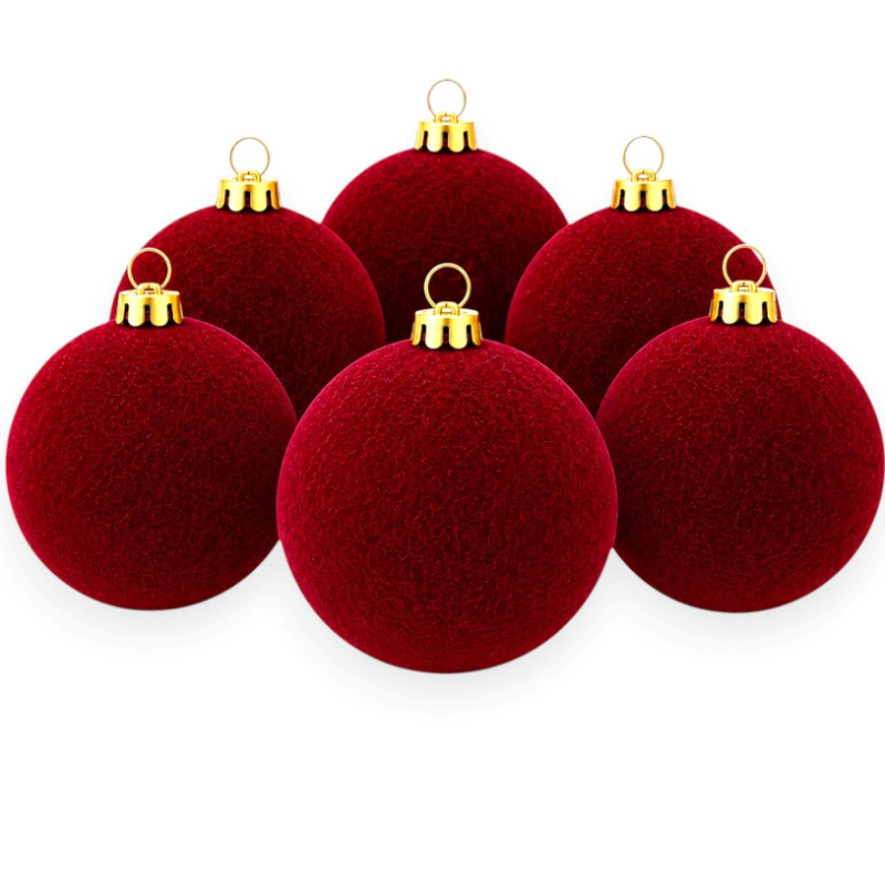 Set 6 Palline Di Natale Bordeaux Floccate Ø10 cm Addobbi Natalizi Per 