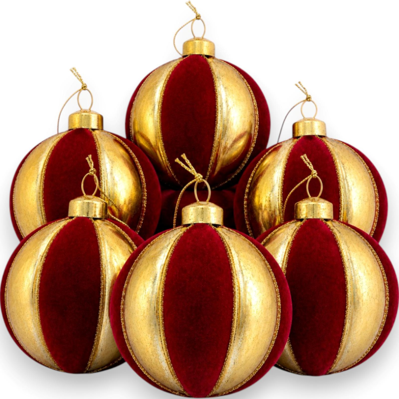 Palline Di Natale In Vetro Oro Effetto Velluto Rosso, Set Da 6 Addobbi